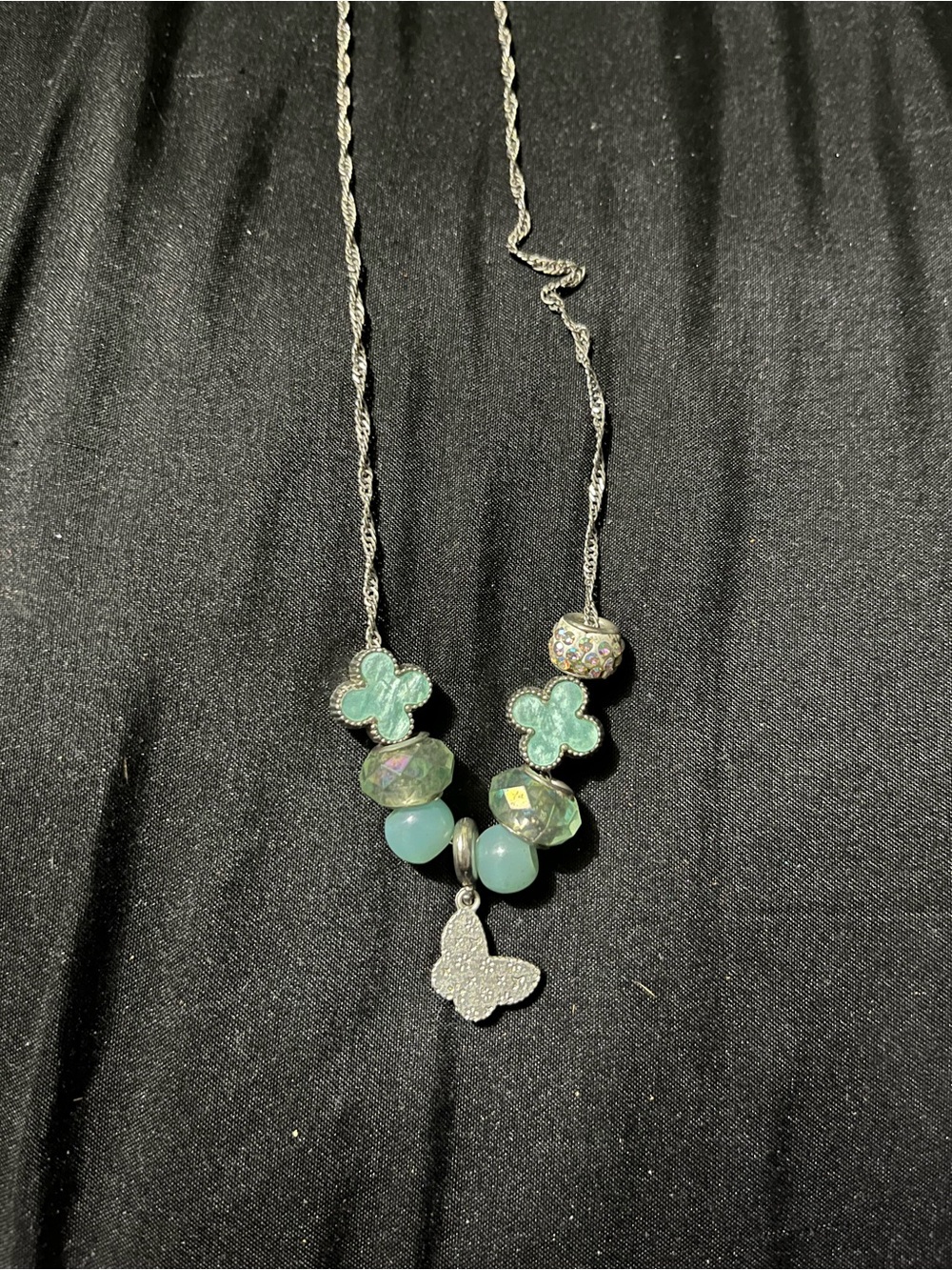 Delicate Aqua Clover & Butterfly Pendant Necklace